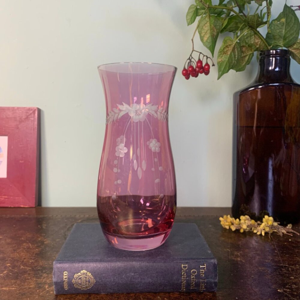 Vintage Czech Bohemia Etched Glass Cranberry Colour Vase w/ label